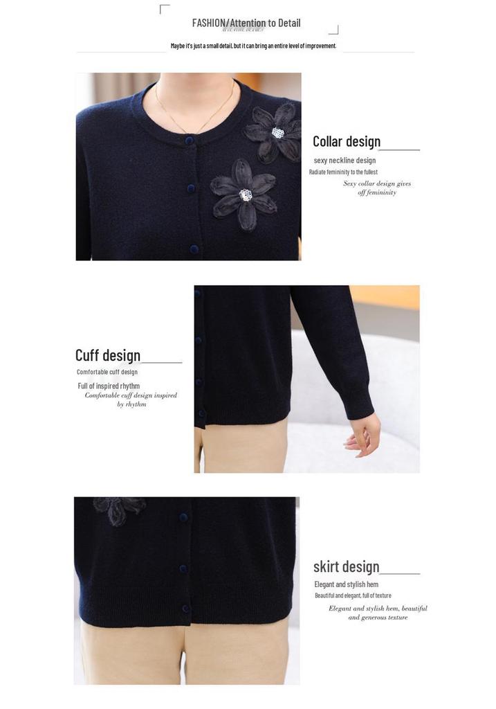 Embroidered Floral Knit Cardigan for Mothers: Stylish, Loose-Fit Wool Sweater Coat in Plus Sizes