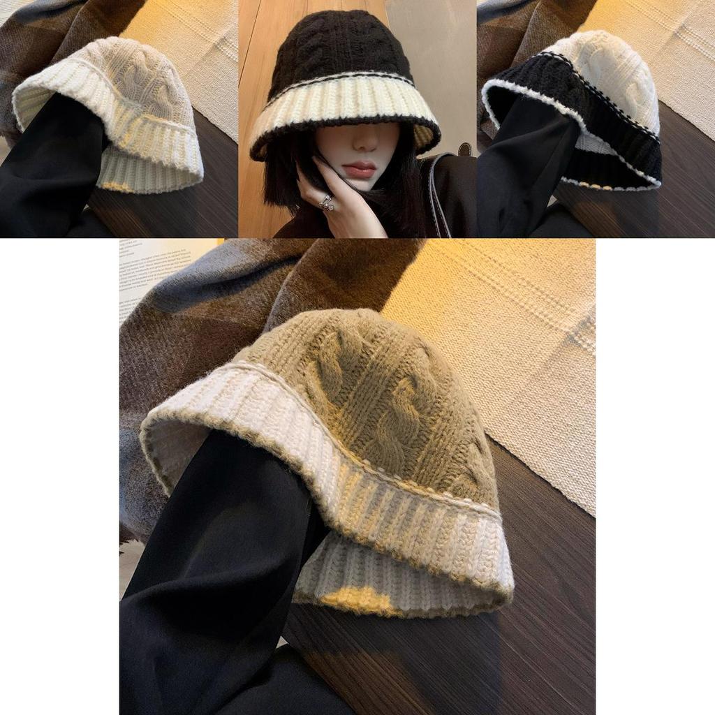 Black Knitted Fisherman Hat Women's Winter Korean Style Fashionable Wide Brim Cap