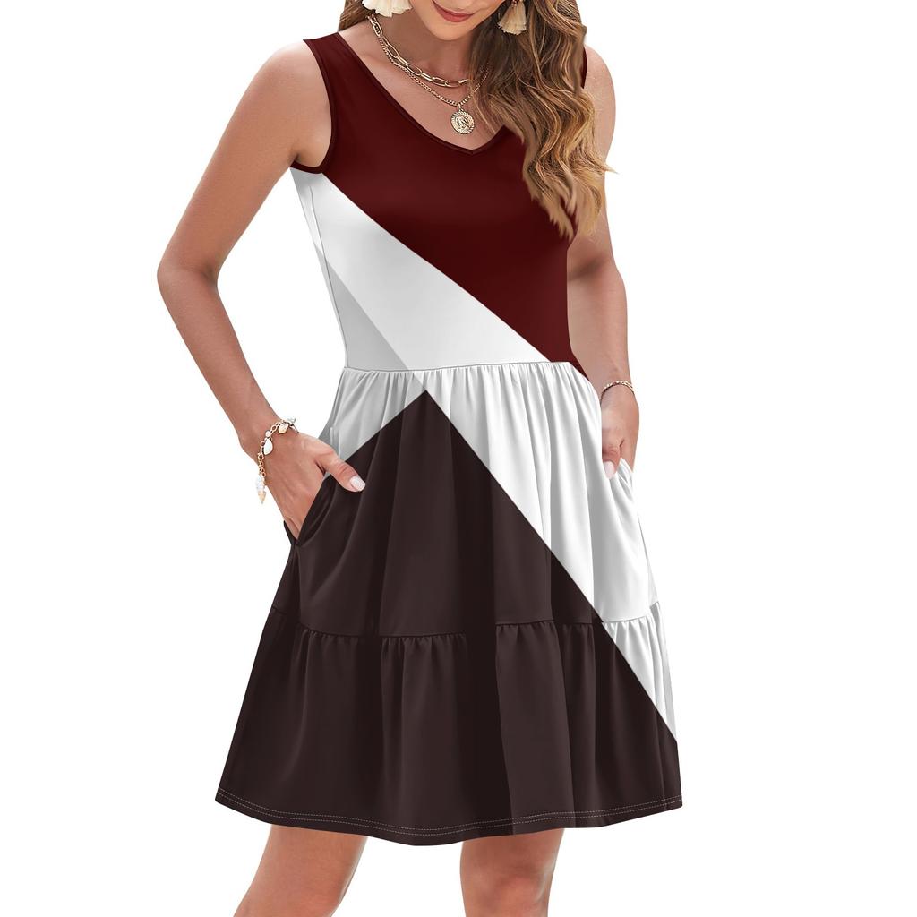 Women's Summer Fashion Casual V-neck Fold Splicing Polka Dot, Color Block Splicing Print Sleeveless Pocket Vest Dress