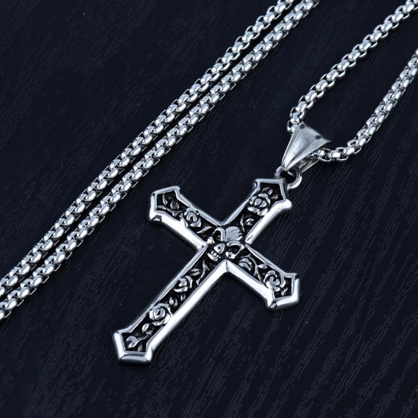 Necklace Silver Chain Steel Cross Skull 363