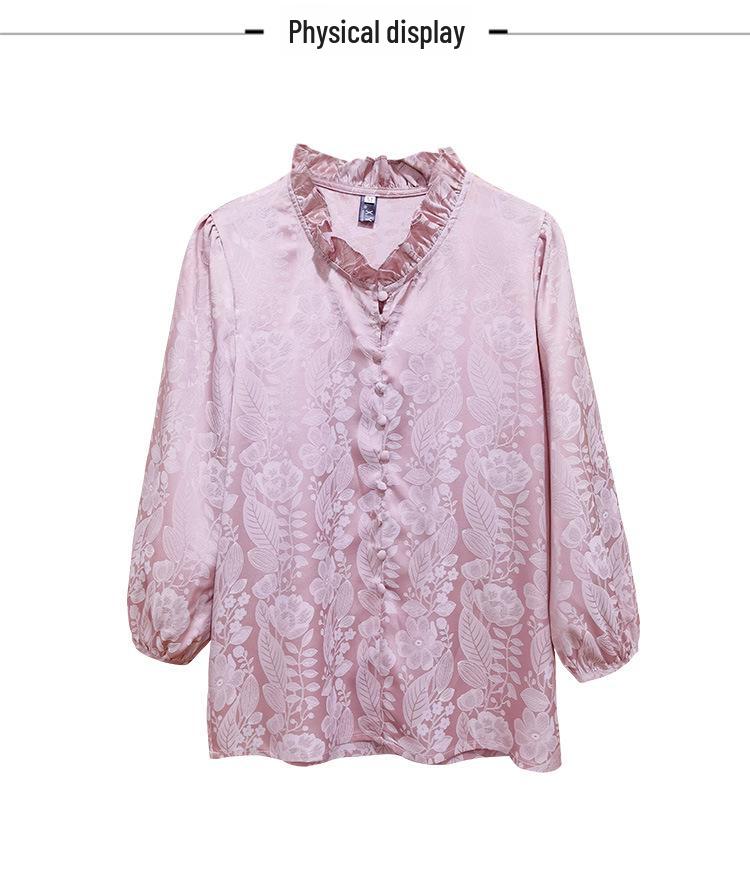 Women's Satin Three-Quarter Sleeve Ruffled V-Neck Top - French Style, Spring Collection, Flattering Fit