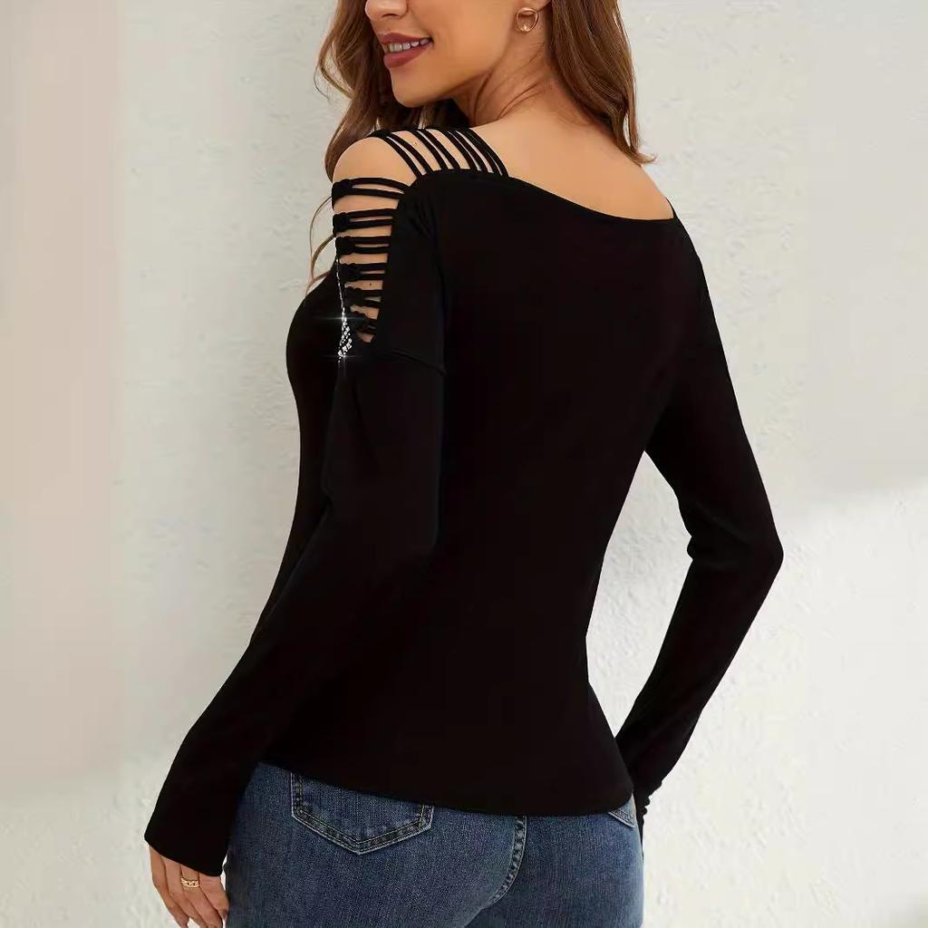 New Fashion Lace Stitching Heavy Industry Hot Diamond V Neck Floor Empty Long Sleeve T-shirt Women's Top