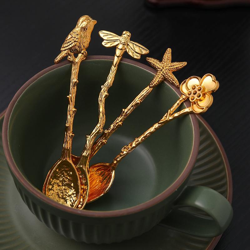 Retro Metal Coffee Spoon Dragonfly Branches Leaves Shape Ice Cream Cake Dessert Milk Mixing Spoon Kitchen Gadgets Tableware