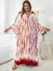 EDOLYNSA Red Striped Women's Kaftan Bohemian V-neck Chinese Knot Auspicious Knot Long Dress Robe Bathing Suit Cover Up Outfit Q1297