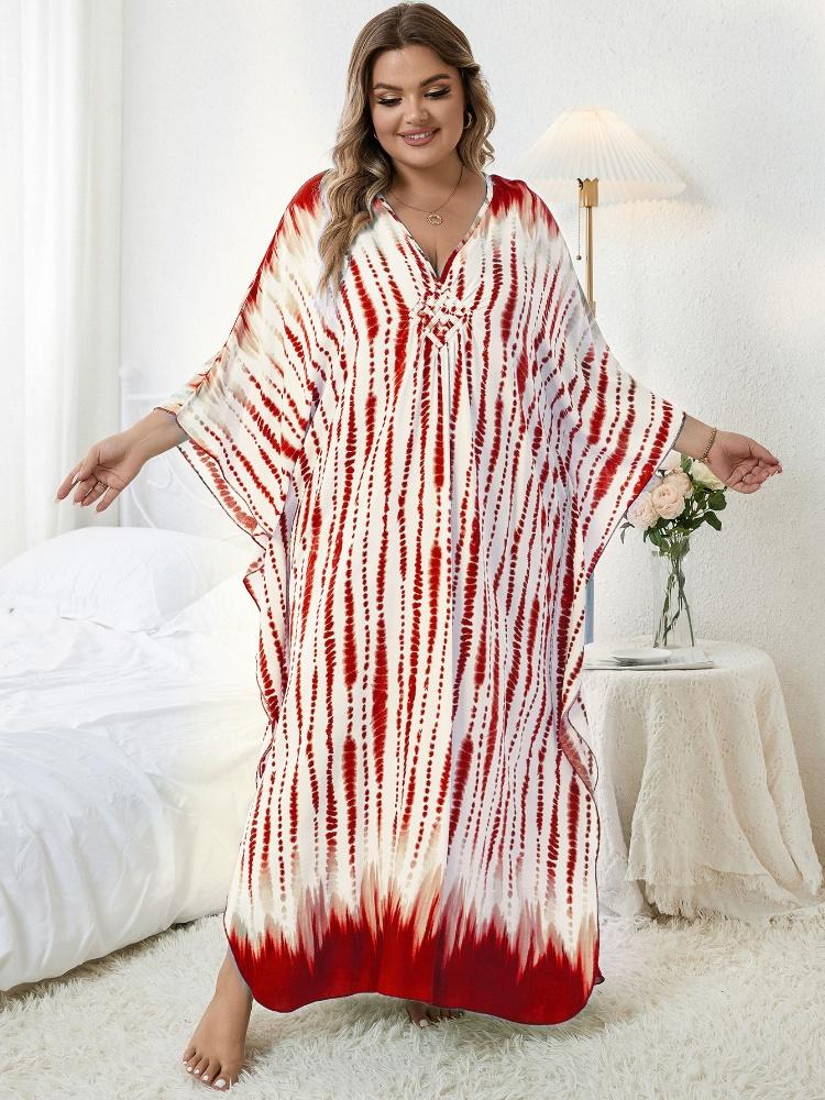 EDOLYNSA Red Striped Women's Kaftan Bohemian V-neck Chinese Knot Auspicious Knot Long Dress Robe Bathing Suit Cover Up Outfit Q1297