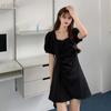 Summer Short Dress Solid Color Square Neck Waist Thin Bubble Sleeve Irregular Pleated Short Sleeve Dress