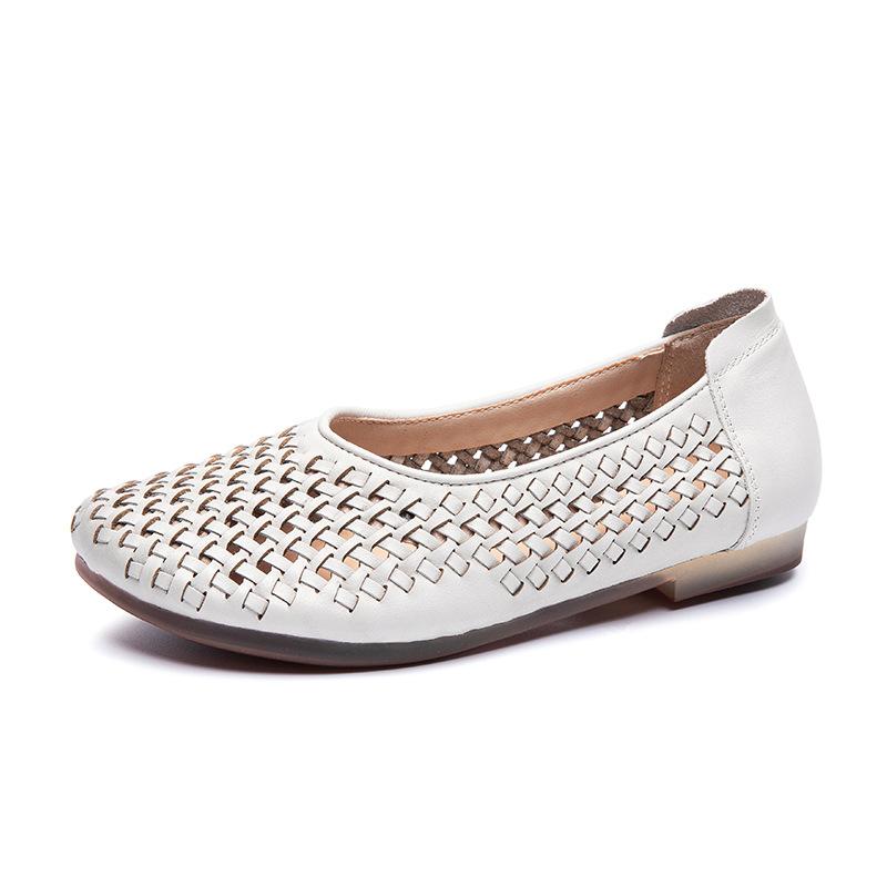 First layer cowhide mother shoes women's 2025 summer new hollow hole shoes leather flat bottom retro woven sandals women