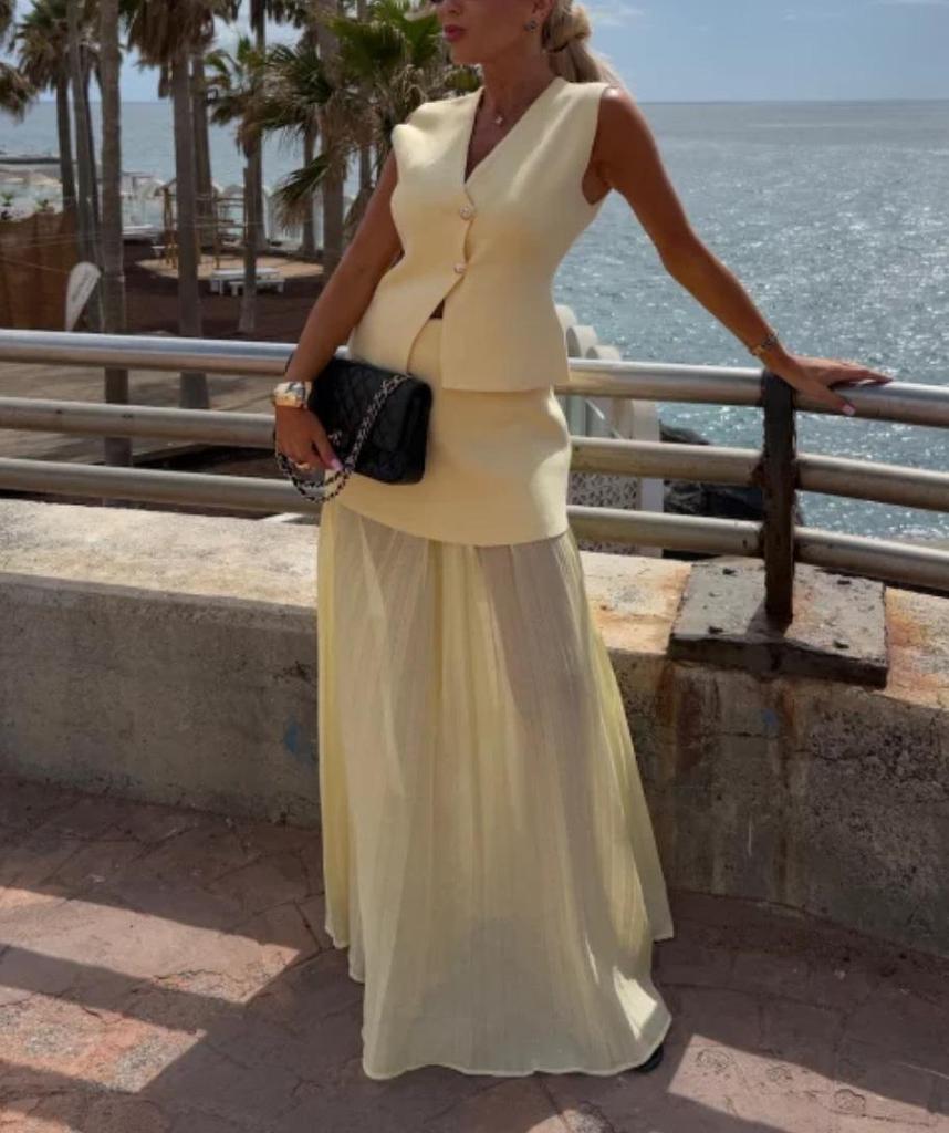 2025 Damen Sommer Schlankmachende Strickweste & Raffung Tüll Patchwork Langes Kleid Set