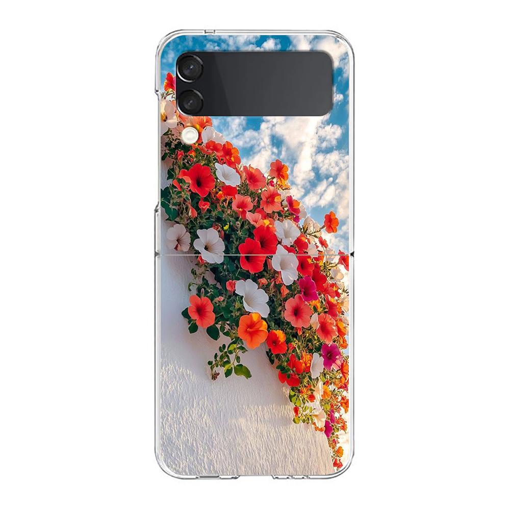 Transparent Phone Case For Samsung Galaxy Z Flip 3 4 5 6 7 Hard Folding PC Z Flip3 Flip4 Cover Soft Pale Little Flower