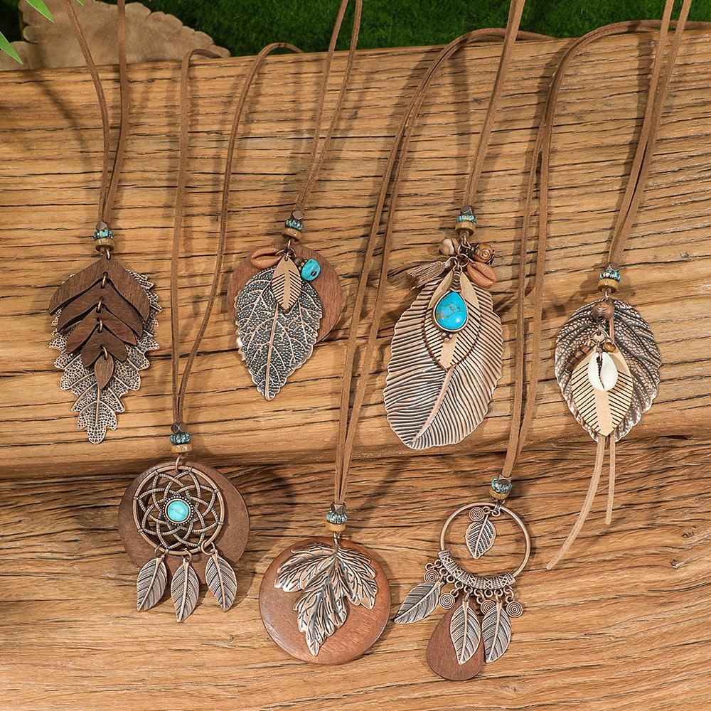 Set di 7 collane lunghe Boho con ciondoli marroni, catena per maglione, design con conchiglia turchese, gioielli tribali, decorazioni per feste, sollevatori