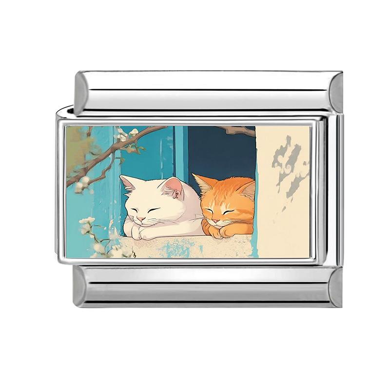 Women's Gift Cute Cat Looks At The Cake DIY Italian Charm Links Beads Fit 9mm Stainless Steel Modular Bracelet Jewelry Gift