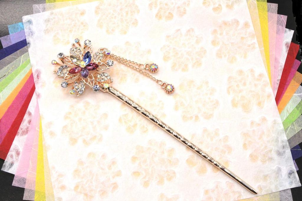 Miaomyao Single for Japanese Clothing Antique Crystal Pink Gold Hair Miaomyao Hairpin, Hairpin, (Tomesode, Kimono, Yukata), Metal, Crystal, Flower,