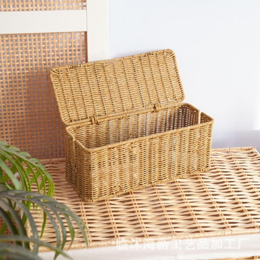 Hand-Woven Imitation Rattan Cable Organizer Box Well-ventilated 2/3/5 Open Slot Desktop Cable Management Box Rustic Style