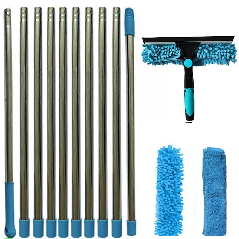 Extended Window Cleaning Kit 2 in 1 Double Sided Glass Squeegee Cleaner Duster Mop 180° Swivel Window Cleaning Tools