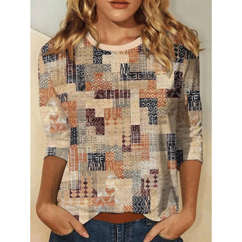 Summer Women's 3D Printed Crew Neck Long Sleeve T-Shirt Fashion Versatile Trend Breathable Casual