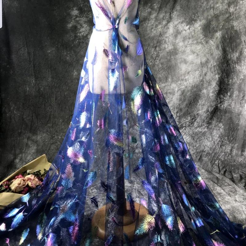 100x150cm Pióra pawiego pióra gorące siedem kolorów iluzja gradientowa siatka suknia ślubna Hanfu odzież tkanina projektant tkanin