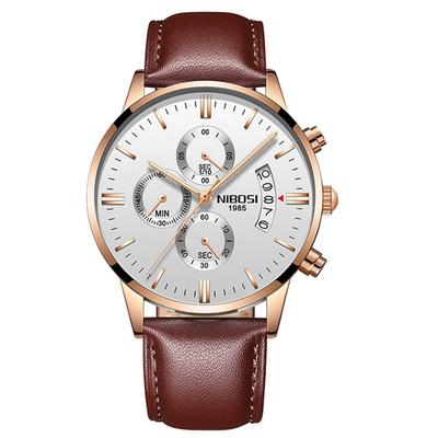 NIBOSI Watch Brown Leather Strap Chronograph Waterproof Brand Analog Business Arm Watch Stylish Casual Big Face Watch Luxury Gift White Watch for Men