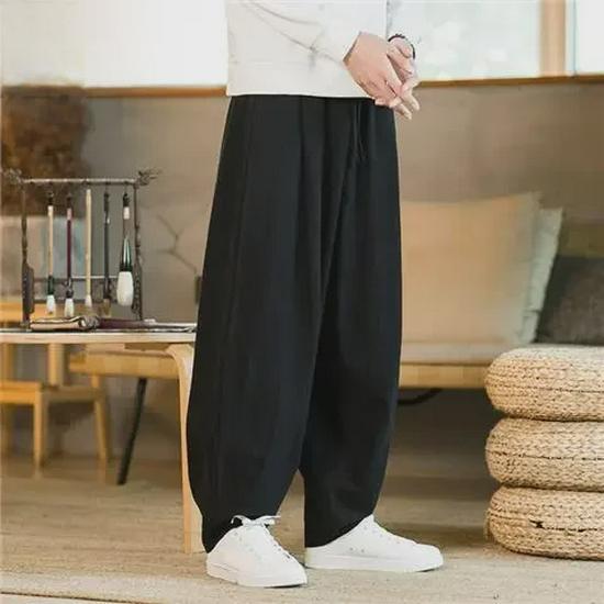 Pánské kalhoty Tai Chi v čínském stylu - Široké nohavice, Bavlněné/Lněné kalhoty pro bojová umění pro podzimní/zimní trénink