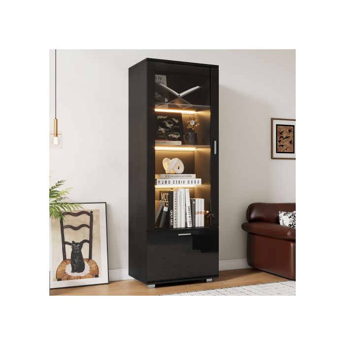 Vitrine Noire Brillante Avec Porte En Verre, Vitrine En Verre Éclairée Par LED, (3 Étagères)