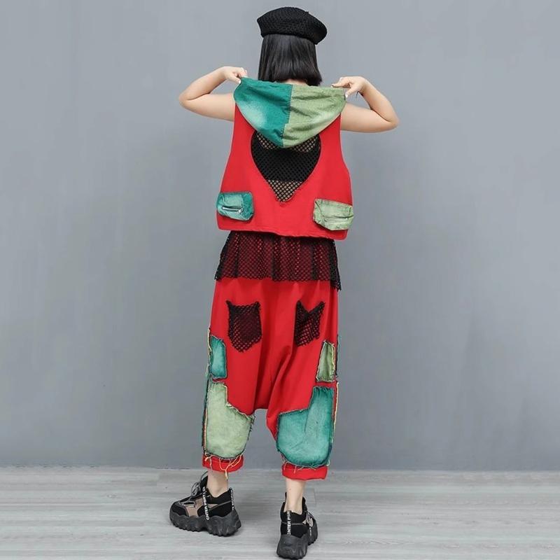 XITAO Patchwork Pocket Contrast Color Hooded Matching Set GYX1650