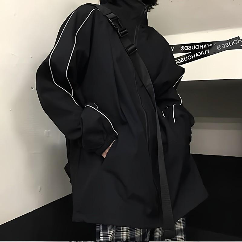 Unisex Oversized Vintage Reflective Stripe Jacket Loose Fit Korean Streetwear Baseball Coat