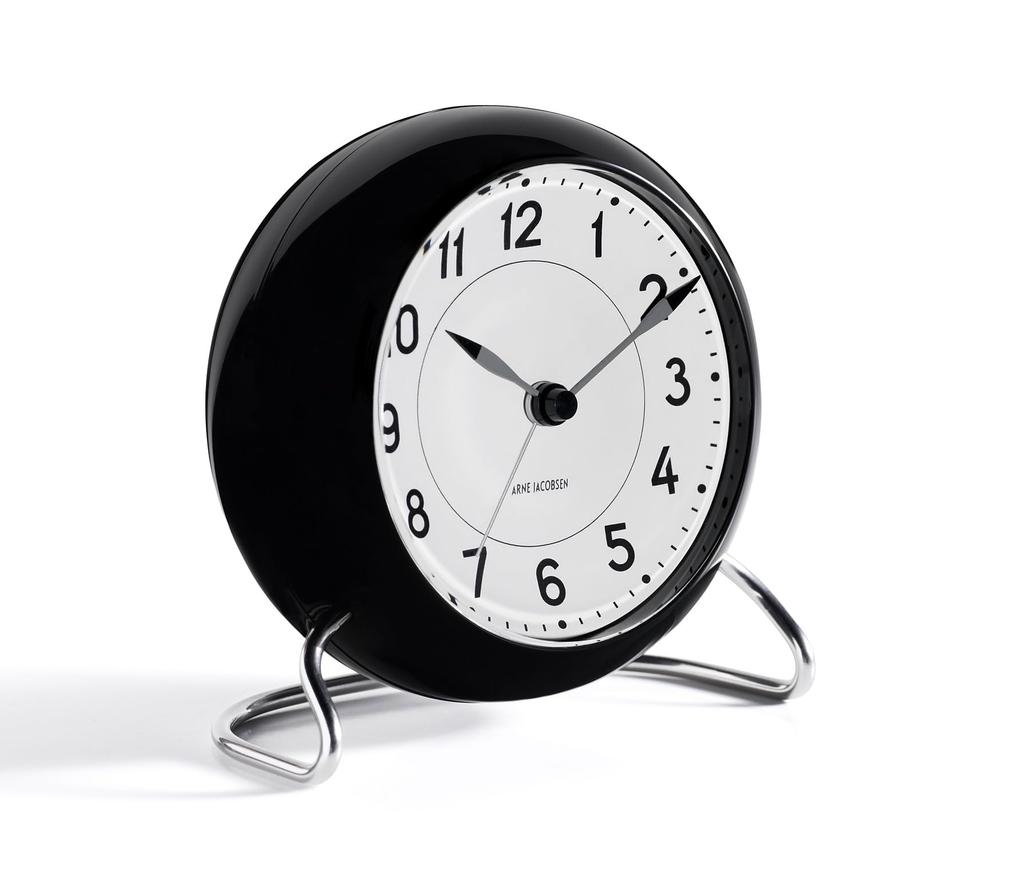 ARNE JACOBSEN Table Clock Alarm Clock 11cm Scandinavian Design Retro Alarm Sound STATION 43672 Black (Silent Design)
