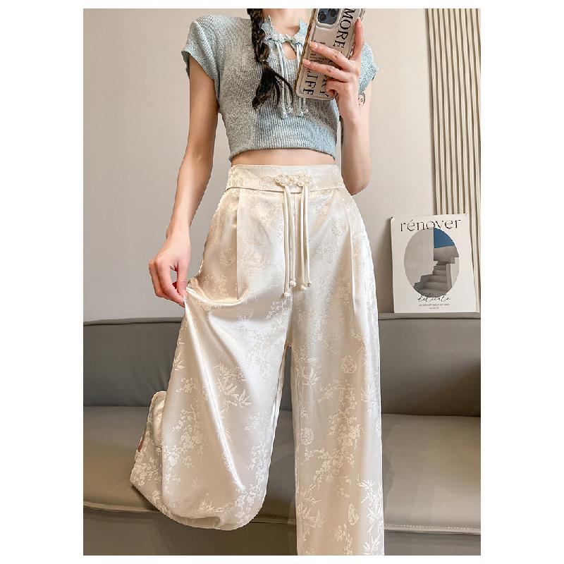Chinese-style Faux Satin Jacquard Wide-leg Pants for Women, 2026 New Design, Niche High-waisted Slimming Casual Floor-length Trousers