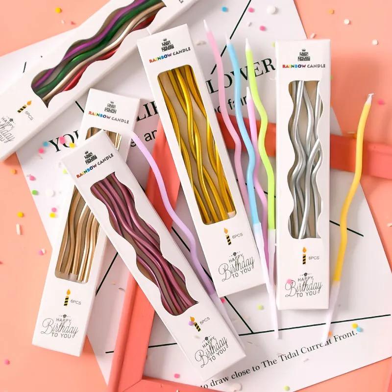 6pcs/lot Curve Birthday Candles, Cake Topper Decoration Pencil Candles,Golden Thread Slender Rod Candle for Party, Home Decor