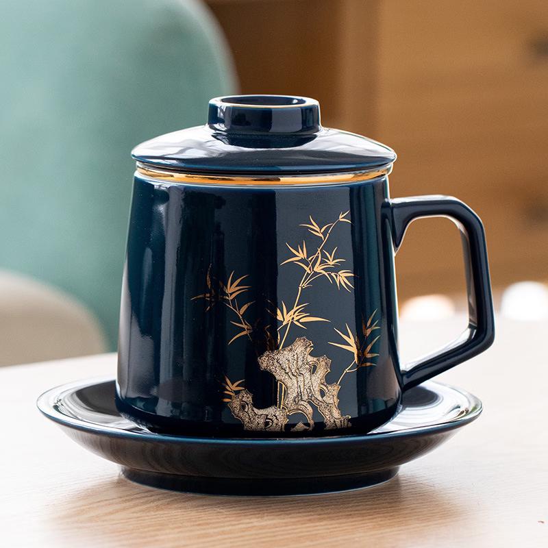 Jilan Blue Ceramic Tea Infuser Mug with Lid and Saucer