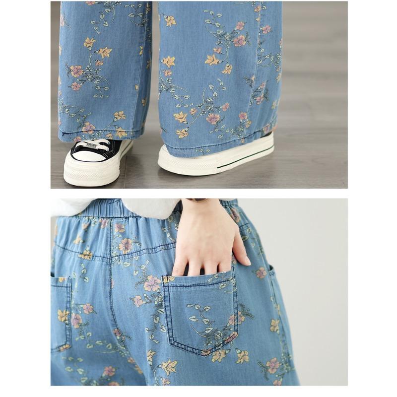 DIMANAF 2026 Summer New Plus Size Women Jeans Print Floral Elastic Waist Long Pants Loose Casual Denim Cotton Trousers Pants