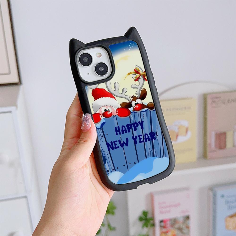 

Мягкий чехол для телефона с кошачьими ушками для iPhone 16 15 14 13 12 11 Pro Max Plus XR TPU Anti-Drop Прозрачная акриловая задняя крышка NY42 Merry Christmas Bear Deer for iPhone 16 Pro Max