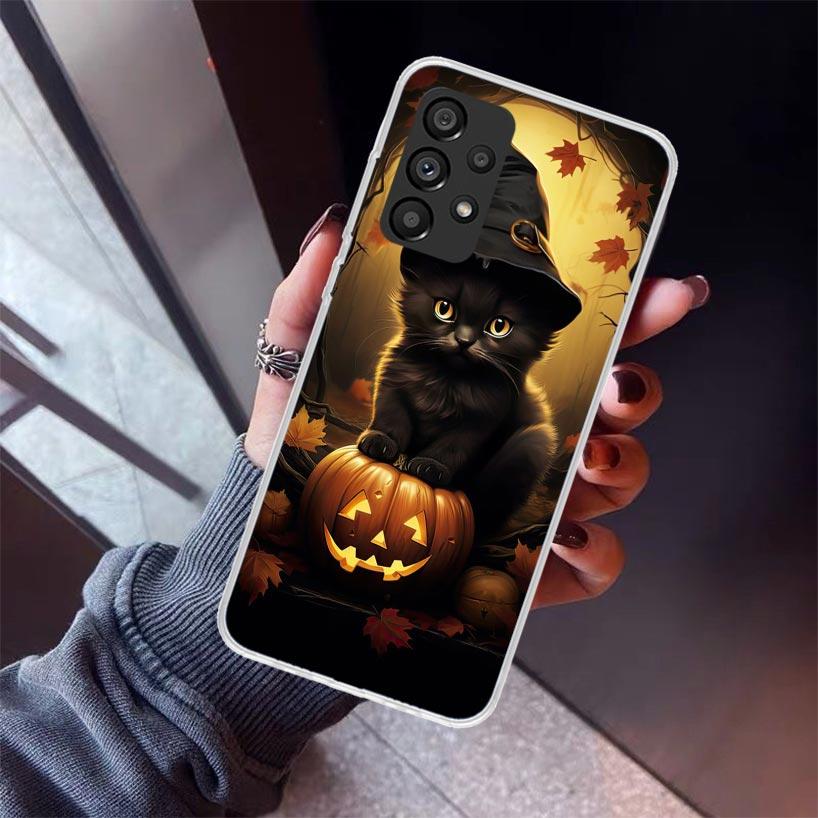 Black Kitten Halloween Pumpkin Phone Case For Samsung Galaxy A17 A57 A37 A16 A26 A36 A56 A15 A25 A35 A55 A14 A13 A54 A53 A34 A24