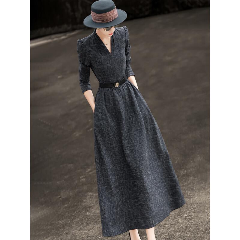 Lanseer Elegant V-Neck Long Sleeve Midi Dress