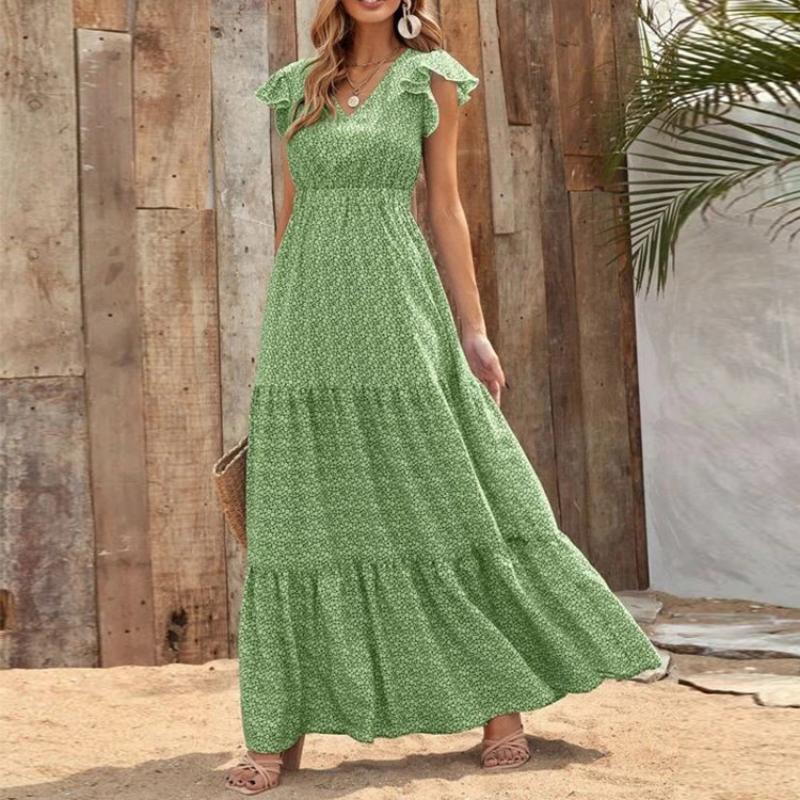 Maxi Abito Estivo Boho da Donna con Stampa Floreale Ditsy, Scollo a V, Vita Alta, Maniche a Volant, A Balze, Casual, per Vacanze al Mare