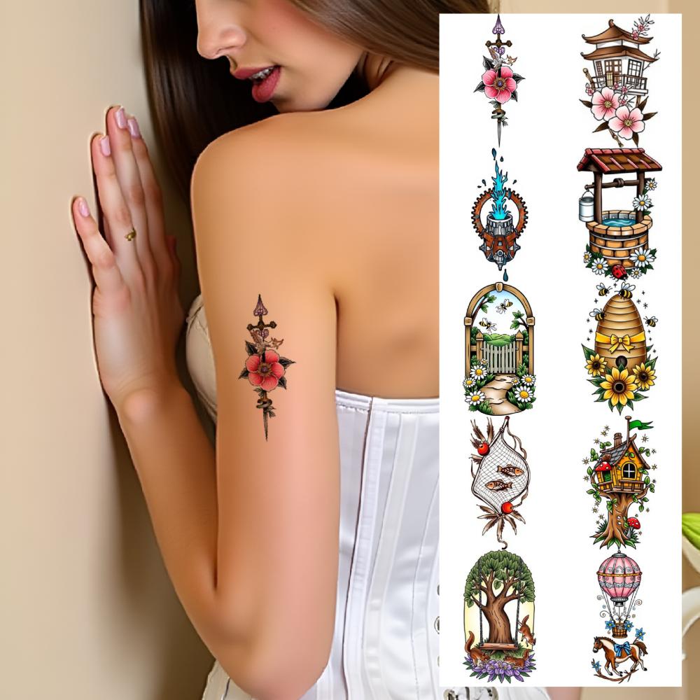 28 peças Tatuagem Temporária Adesivos de Tatuagem Temporária Balde Bem Apicultura Casa na Árvore Para Braços Homens Mulheres