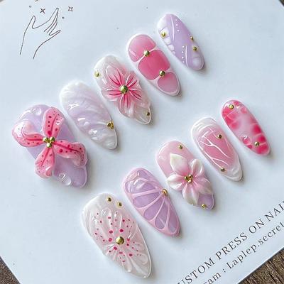 30pcs Almond Shaped Press On Nails,Nail Stickers, 3D Flower Decor, Steel Ball Embellished, Full Coverage False Nails,For Women Girls Daily Wear