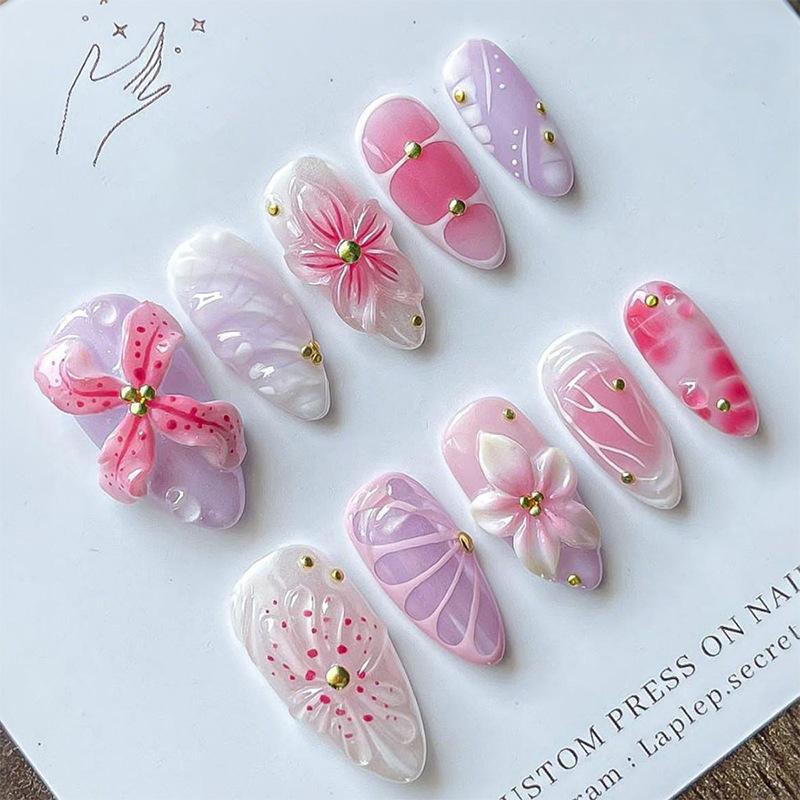 24Pcs 3D Shell Starfish French Press On Nails Mid Length Almond Pearlescent Fake Nails Full Cover Nail Tips
