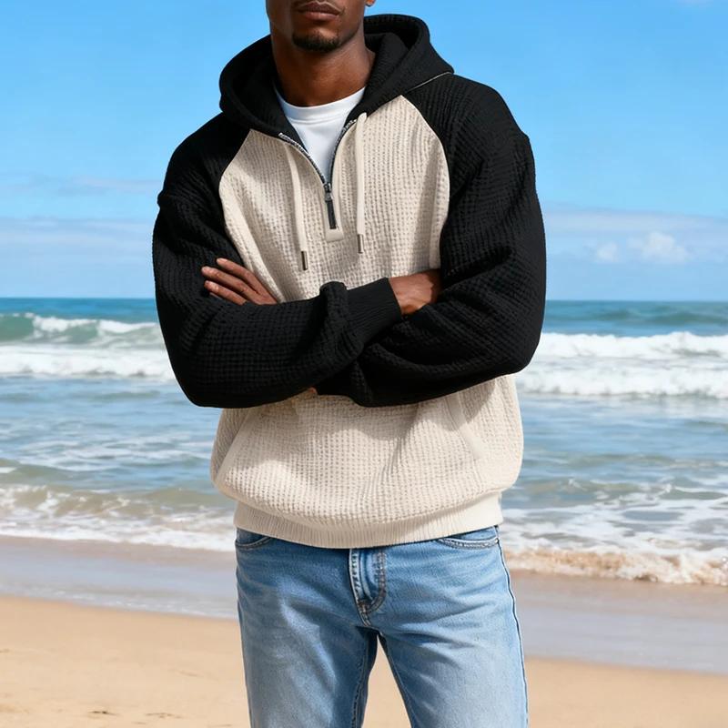 Fashion Patchwork Mens Hoodies Vintage Contrast Color Waffle Textured Hooded Sweatshirts Spring Fall Casual Men Loose Hoodie