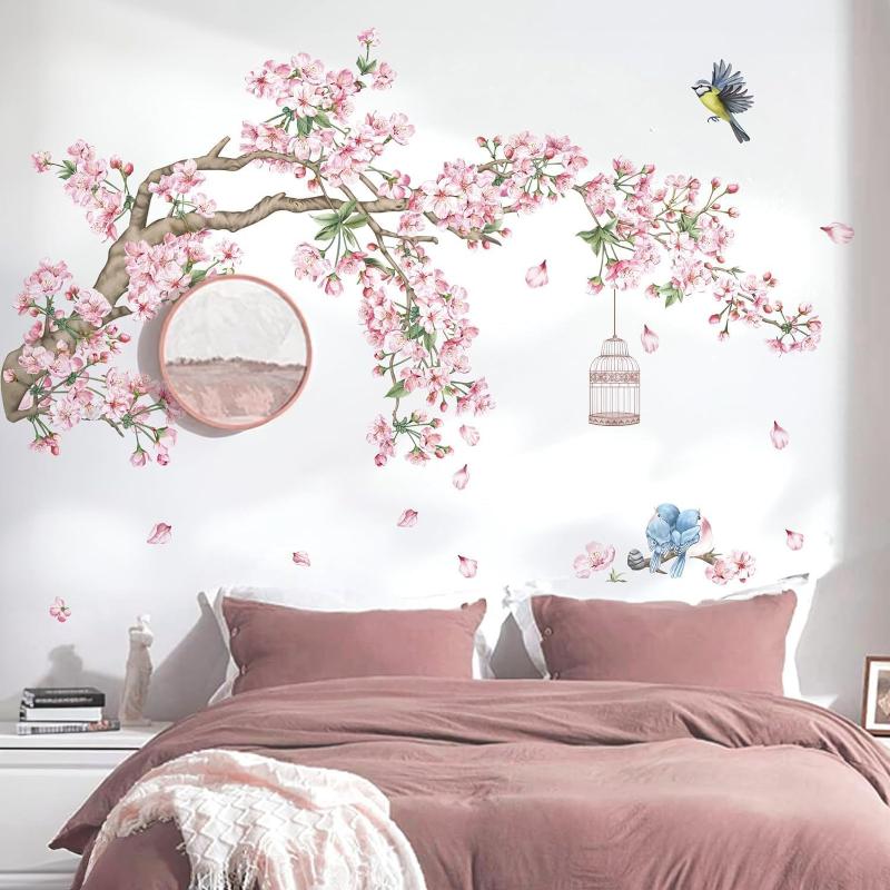 Ramo di Albero di Ciliegio Adesivi Murali Fiori Rosa Uccelli Adesivi Murali Camera da Letto Soggiorno Divano TV Sfondo Decorazione Murale