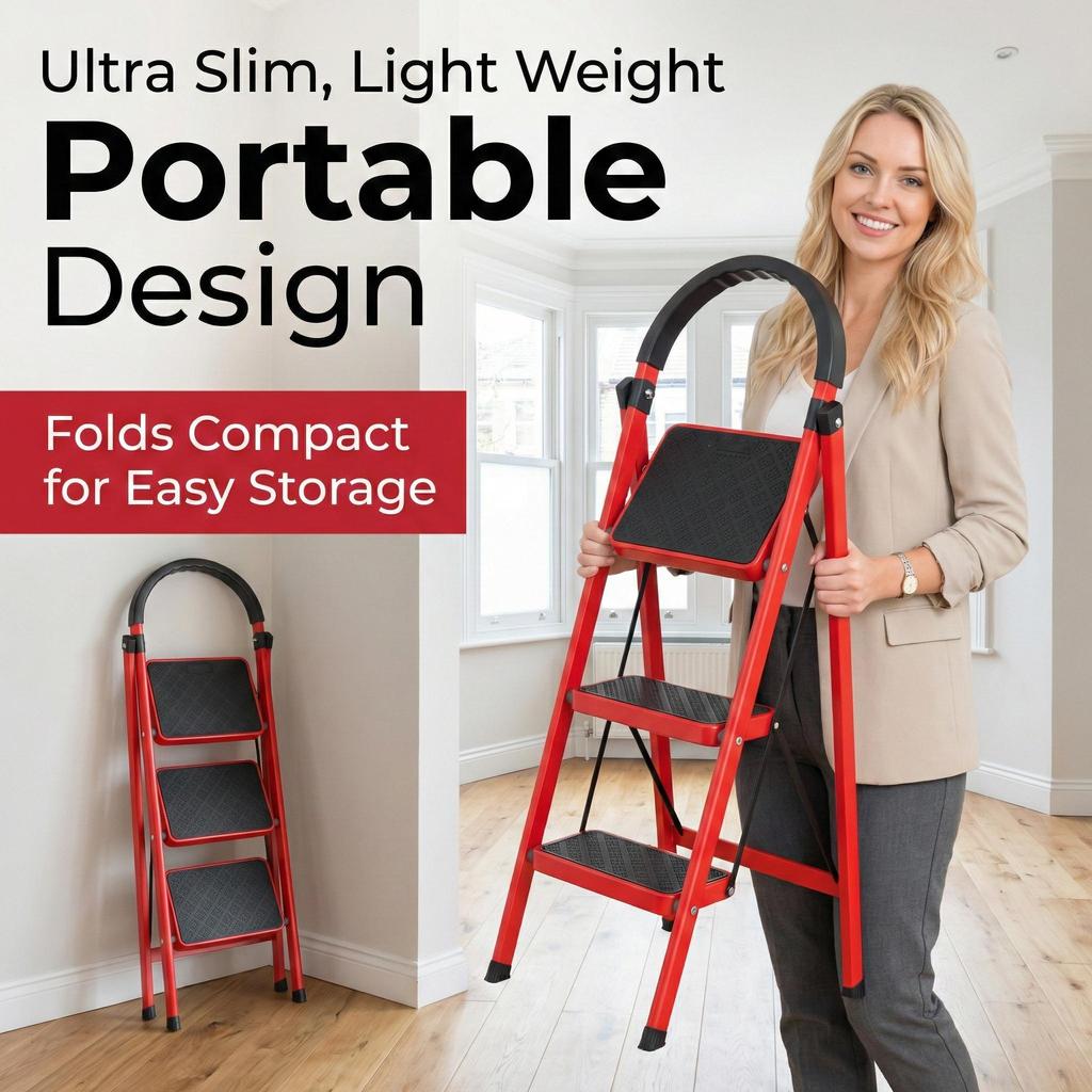 Vertical Ladder Step Ladder, 3 Folding Stool, Multi-Purpose Collapsible for Three Home or RV Outdoor Work, Heavy Duty 330 Lbs Load (White, Red)