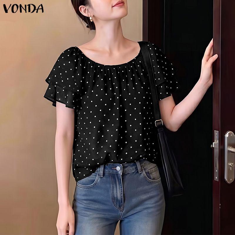 VONDA Summer Women Casual O Neck Polka Dots Short Sleeve Blouse Tops