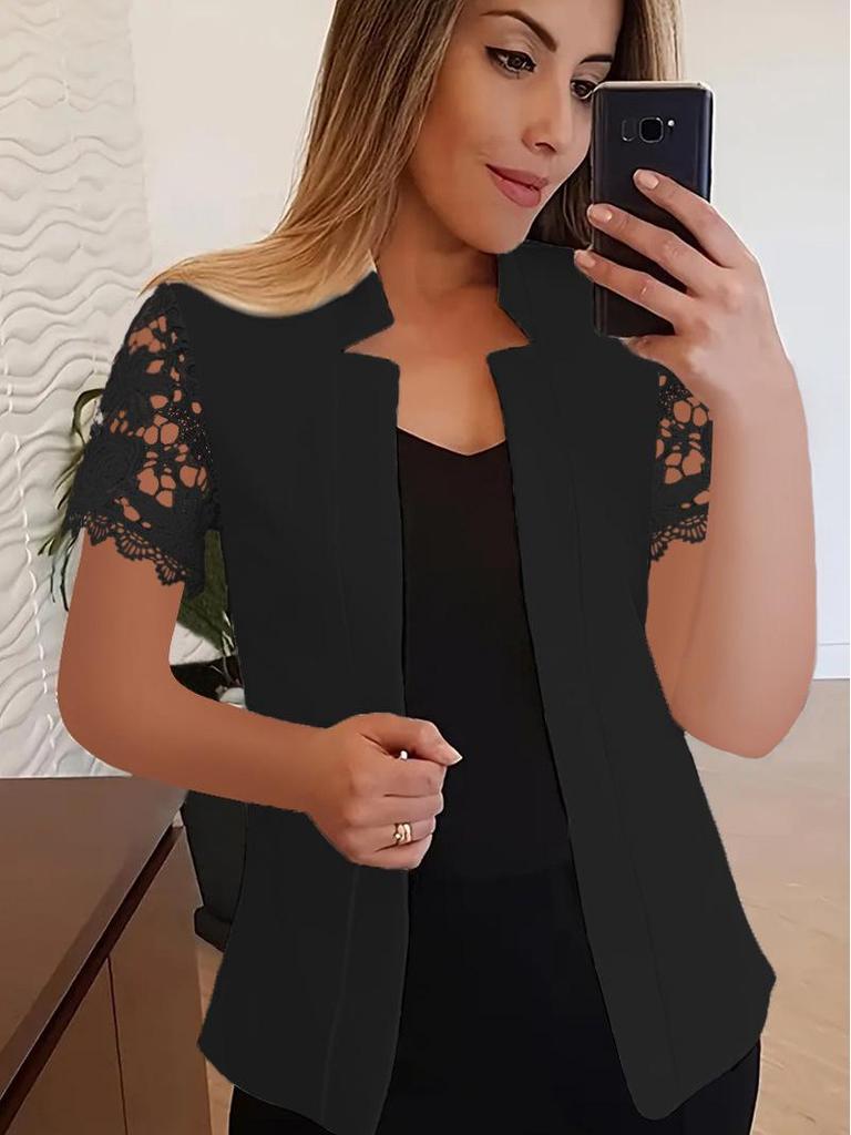 Blazer Trendy Culoare Solidă Dantelă Mânecă Scurtă 2024 – Costum Versatil Profesional și Casual