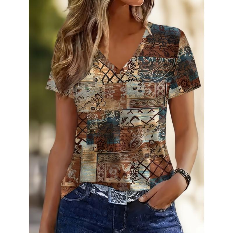 Stripe Graphic T Shirt Women Summer V-Neck Short Sleeve Tops Holiday Casual Tees Y2k Woman