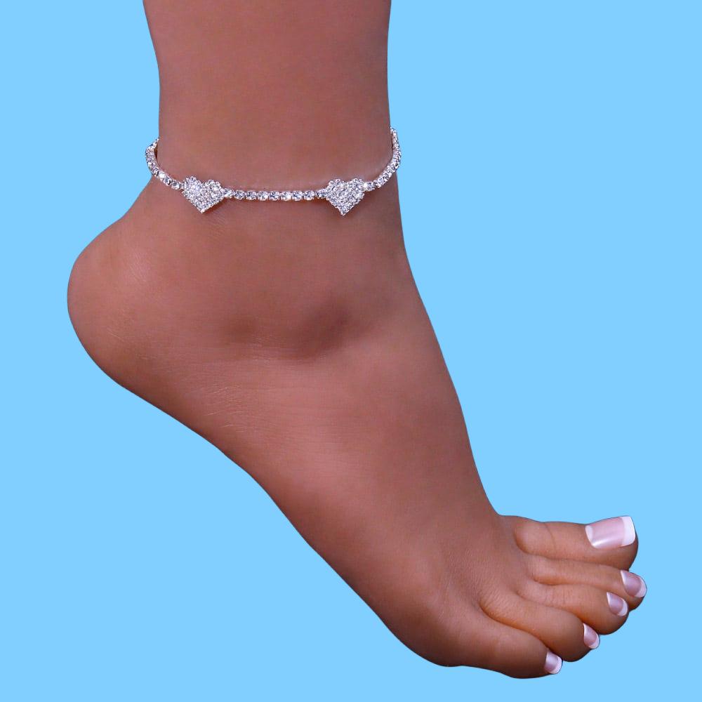 New Double Heart Copper Claw Set Diamond Chain Anklet: European-American Hot-Selling Rhinestone Foot Jewelry