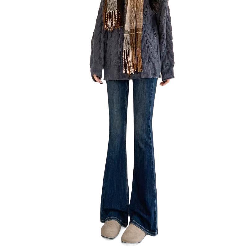 Women's Blue Fleece-Lined High-Waisted Micro-Flare Jeans for Petite - Slim Fit, Stretchy, Spring/Autumn 2026.
