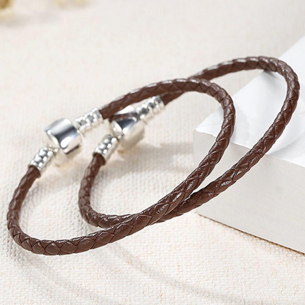 High Quality 100% S925 Sterling Silver Clasp Charm Bead Woven Leather Bracelet for Women & Children's Trendy Gift Jewelry