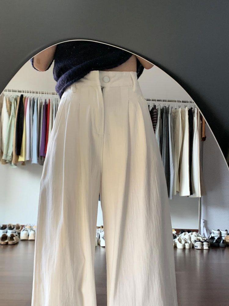 Women's Plus Size White Denim Pants: Wrinkle Texture, Floor-Length, Loose Fit, Tummy Concealing, Wide Leg