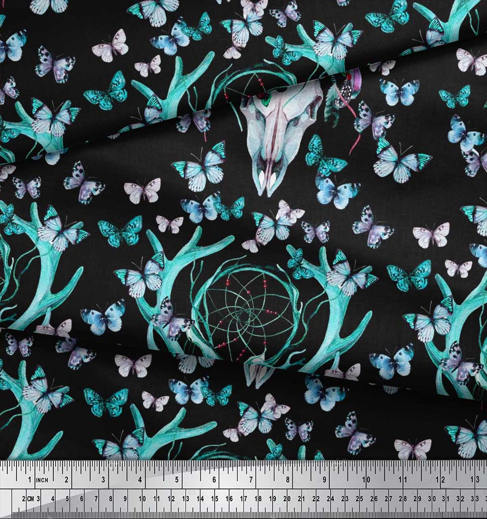Soimoi Green Japan Crepe Satin Fabric Insect|Dream Catcher & Reindeer Face Animal Fabric Prints by Yard 42 Inch