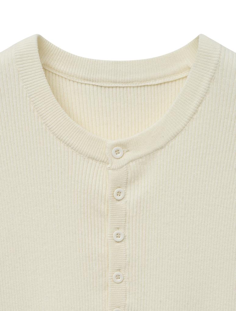 NOIRER Ribbed Henley Neck Half Knit (Ivory)