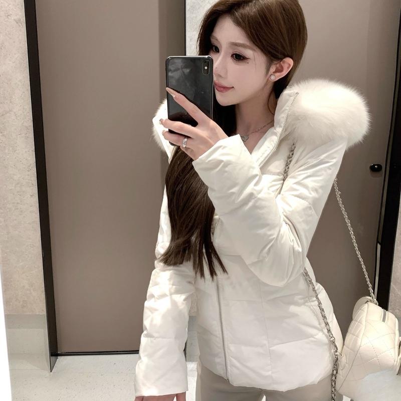 Kurze Daunenjacke für Damen im Winter, neuer Stil, schlankmachend, mit Kapuze, Pelzkragen, Baumwolljacke für kleine Personen